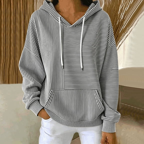 NTACZA Striped Hoodies for Women Trendy Drawstring Drop Shoulder Fleece Oversized Sweatshirt Casual Work Athletic Long Sleeve with Pockets Black