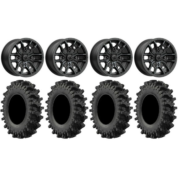 MSA Fang 14" Wheels Black 28" MotoSlayer Tires Yamaha Viking Wolverine YXZ1000R CFMoto ZForce 950 UForce 1000