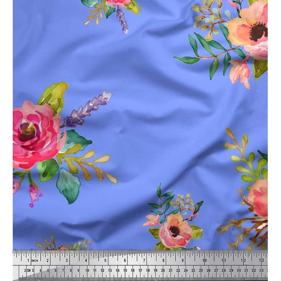Soimoi Cotton Poplin Fabric Leaves & Anemone Flower Printed Fabric 1 Yard 42 Inch Wide