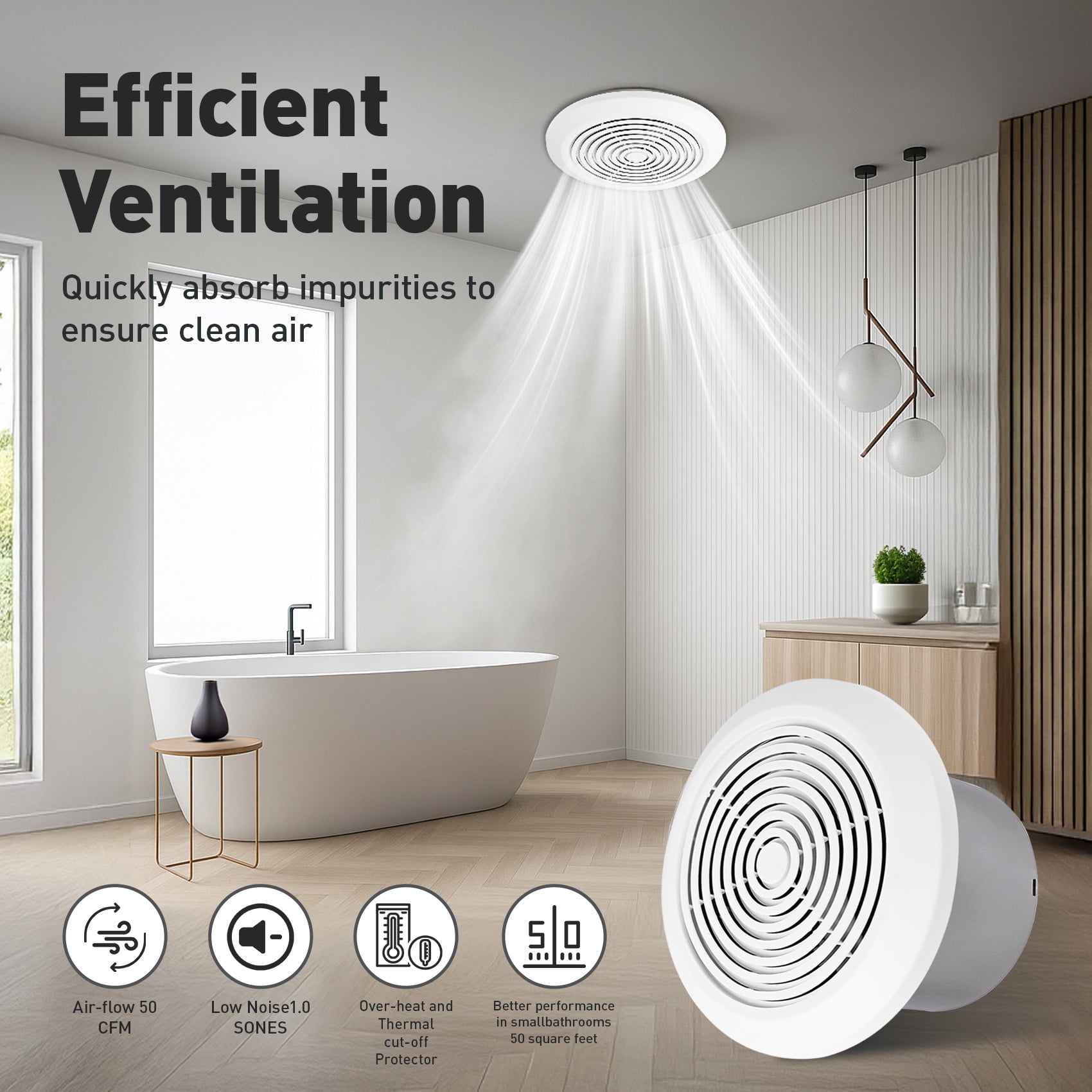 V2262-50 7 Inch Bathroom Ceiling Exhaust Fan, 50 CFM 1.0 Sones, Fits 8 Inch Rough-in Opening for Home Ventilation