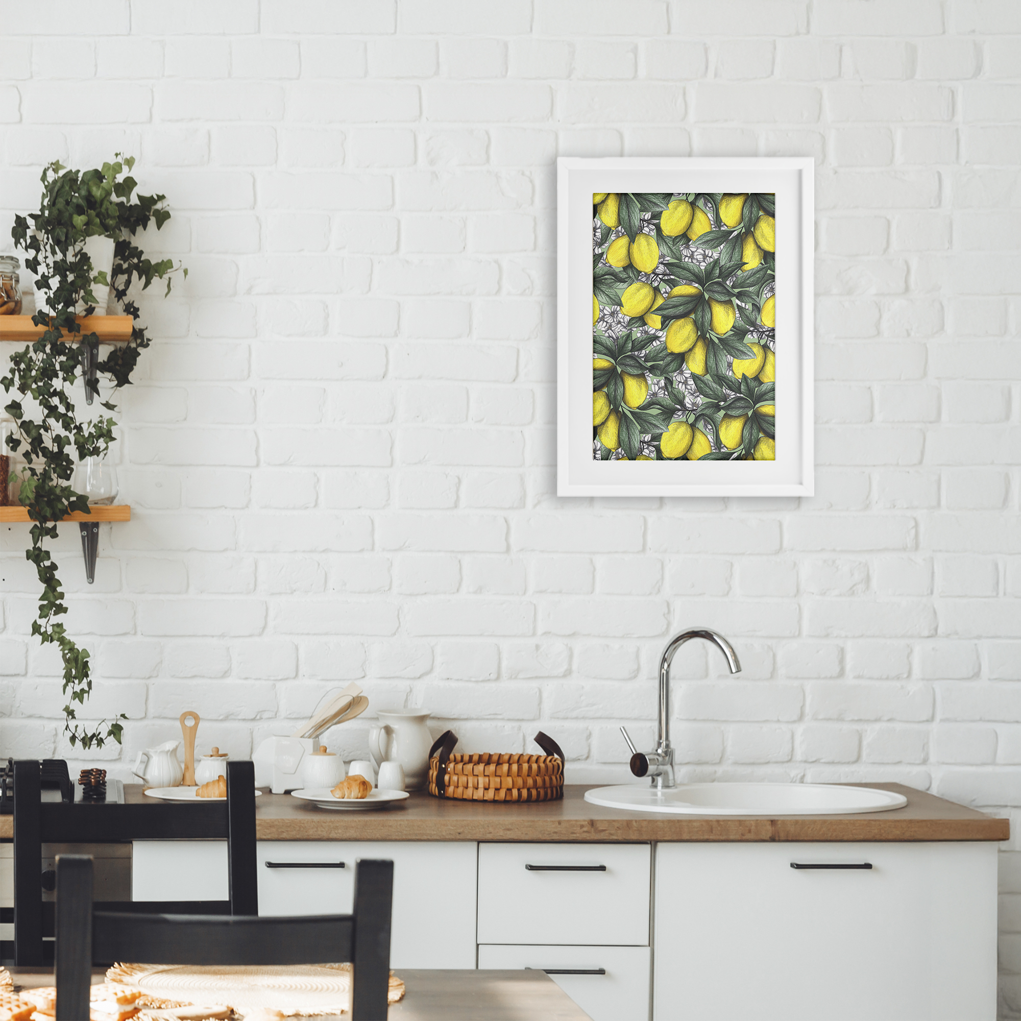 Under The Lemon Tree White Framed Print Under Glass, design by Cecilia Battaini