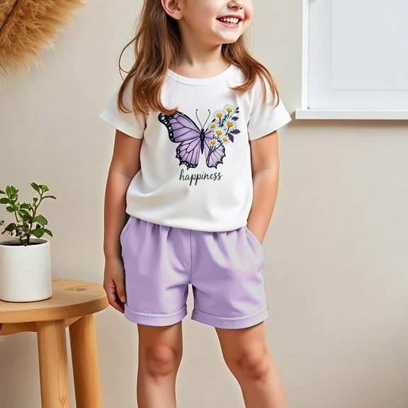 ZOYOEN Toddler Girls Outfit Sets- Cute Tees and Shorts Casual Cotton Short Sleeve Kids Summer Clothes Purple Size 5 T