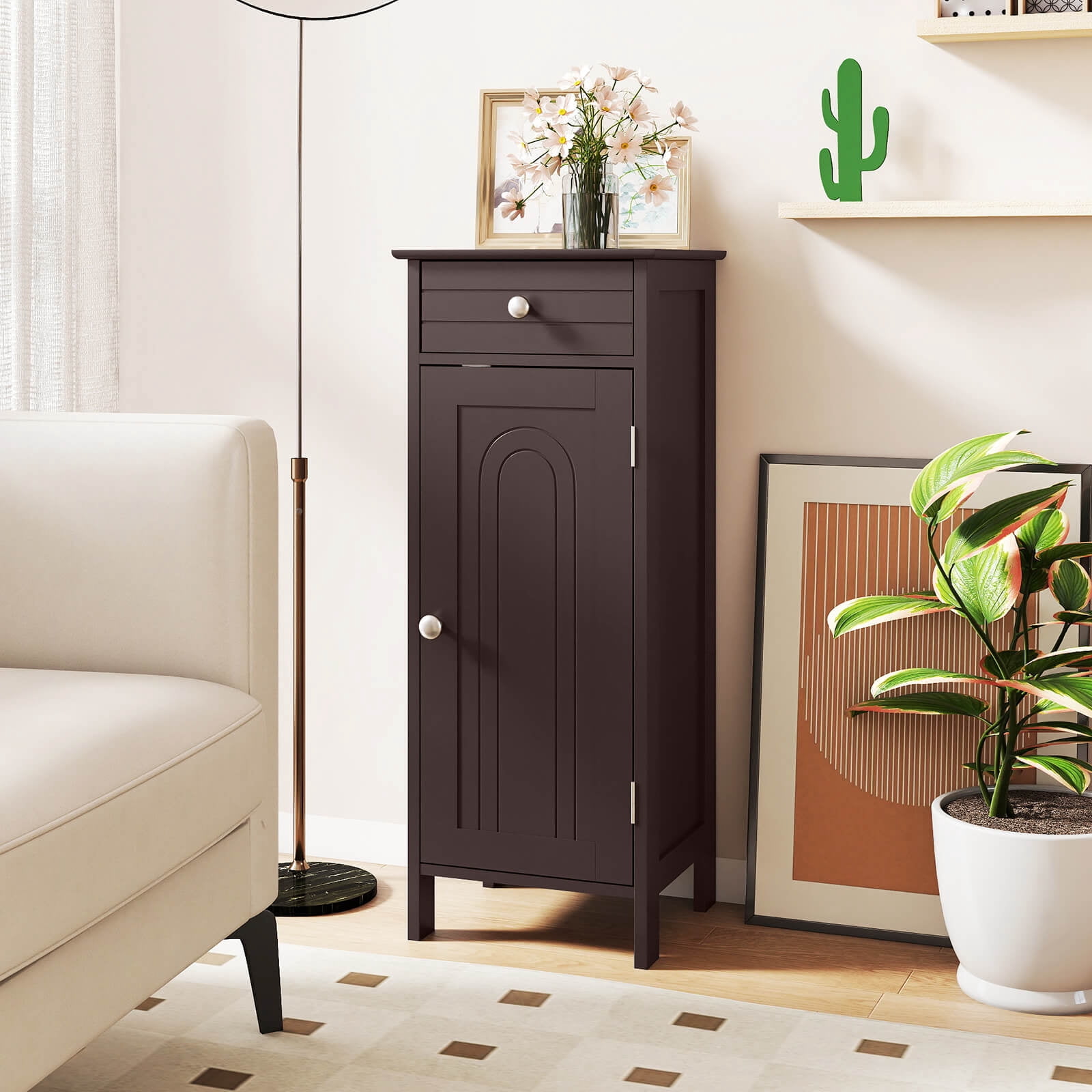 Costway Bathroom Storage Floor Cabinet Organizer Free-Standing w/ Drawer Brown