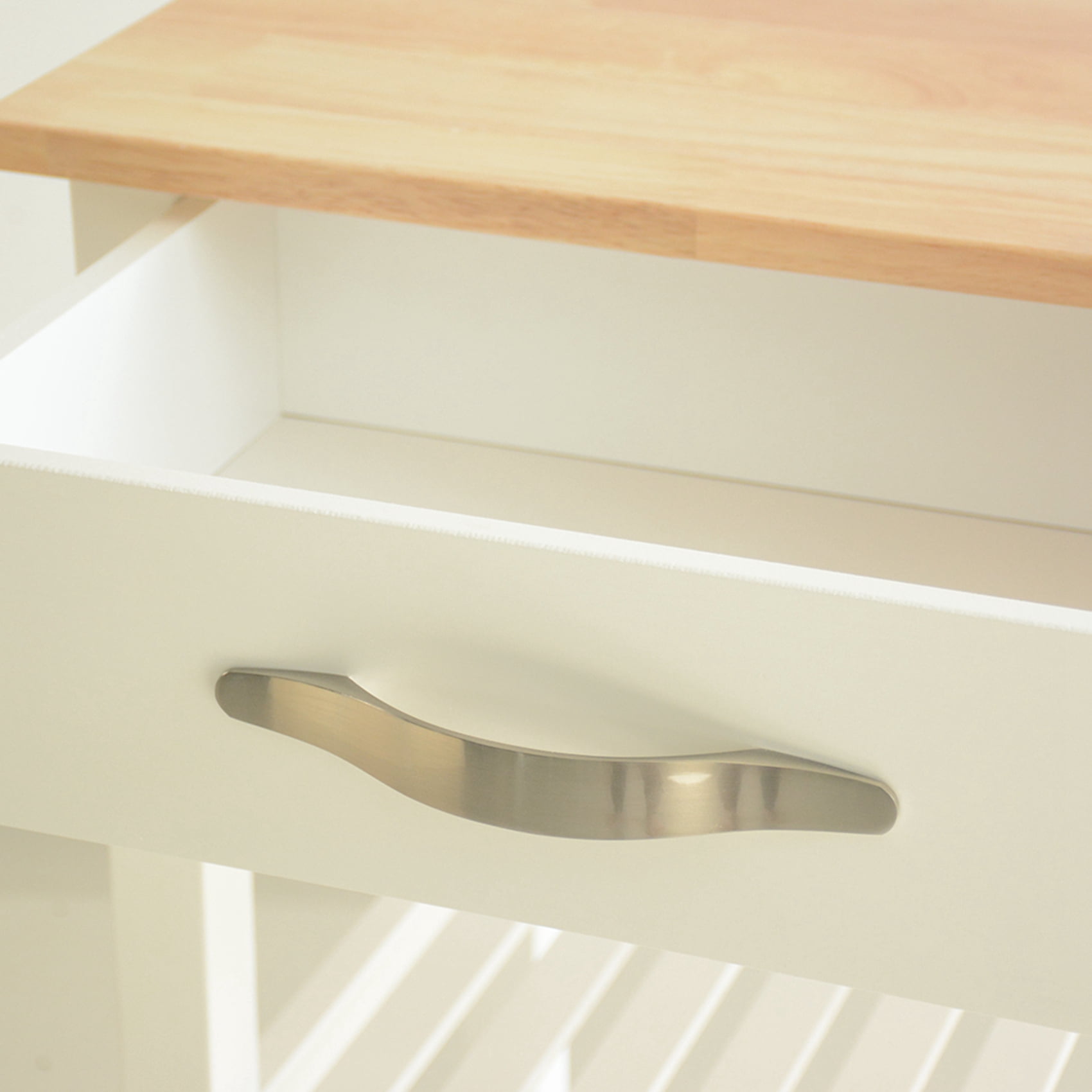 Kitchen Island Cart with Rubber Wood Counter Top, Kitchen Islan on Wheels with 2 Drawers and 2 Open Shelves, 3 Tier Portable Rolling Kitchen Island with Two Lockable Wheels, Towel Rack, White