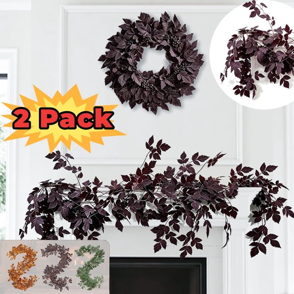 Fall Decor - Fall Garland - 6Ft Autumn Maples Leaf Plum Cimicifuga Garland - Thanksgiving Halloween Mantle Fireplace Farmhouse Harvest Decorations for Home Outdoor Indoor Porch, Wine, 1 Pack