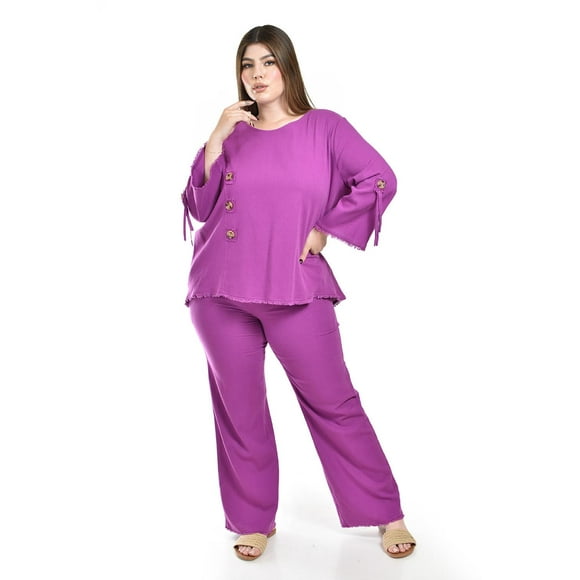 Set de lino con botones decorativos Roman Fashion /Tallas Extras, 0230 (Morado) violeta 42