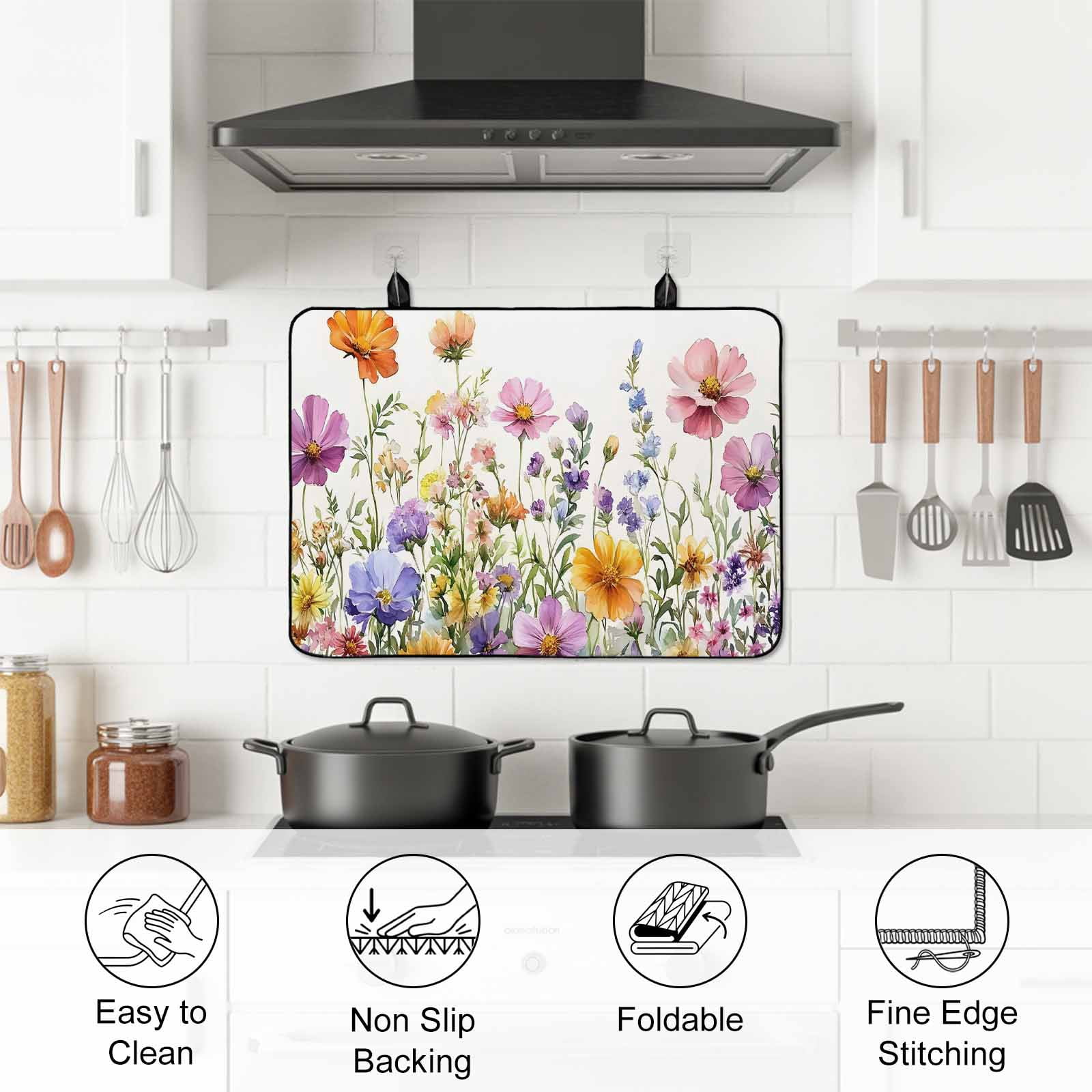 Pink Spring Floral Stove Top Cover for Electric Stove, Heat-proof & Non Slip Glass Top Stove Cover Protector, Pastoral Botanical Watercolor Flowers Kitchen Flat Cooktop Rubber Mat 24x21 Inches