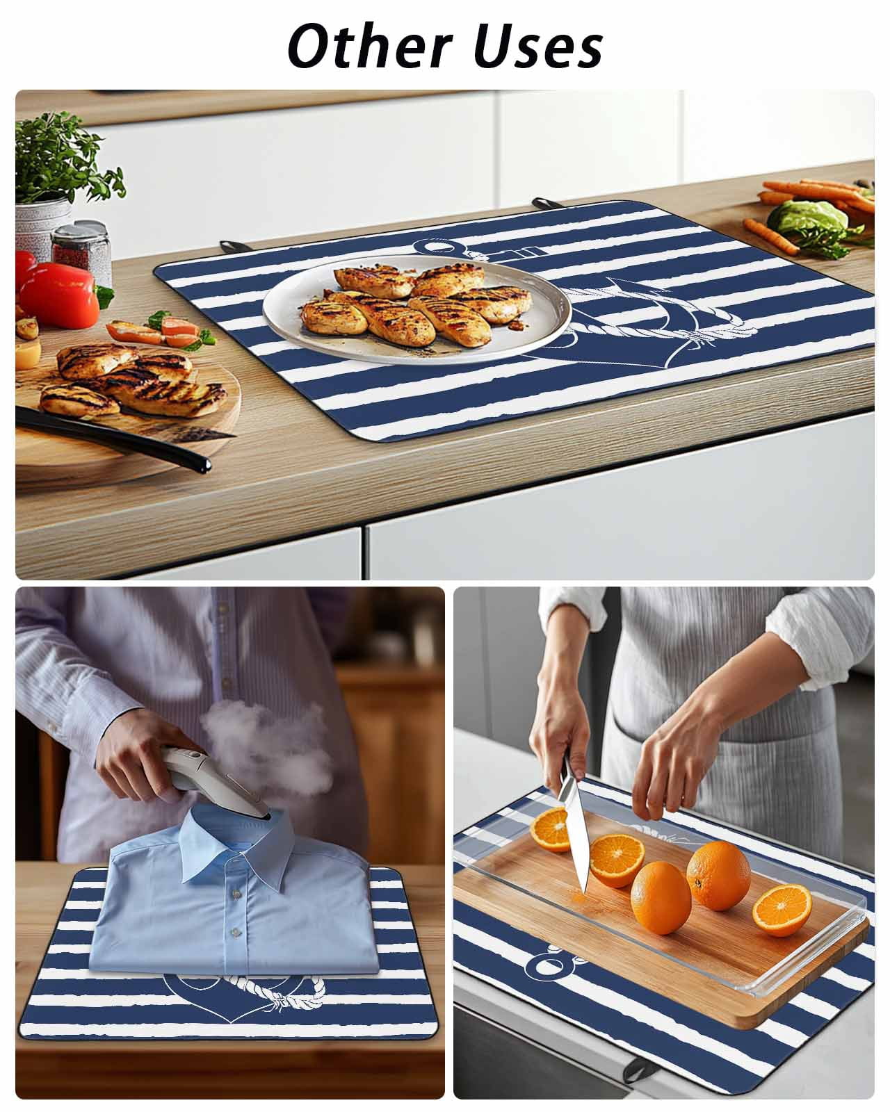 Stove Top Covers for Electric Stove, Navy Blue Anchor Nautical Glass Stovetop Cover Protector, Navy Blue Striped Farmhouse Induction Cooktop Protector Oven Mat for Kitchen Countertop 24"x21"