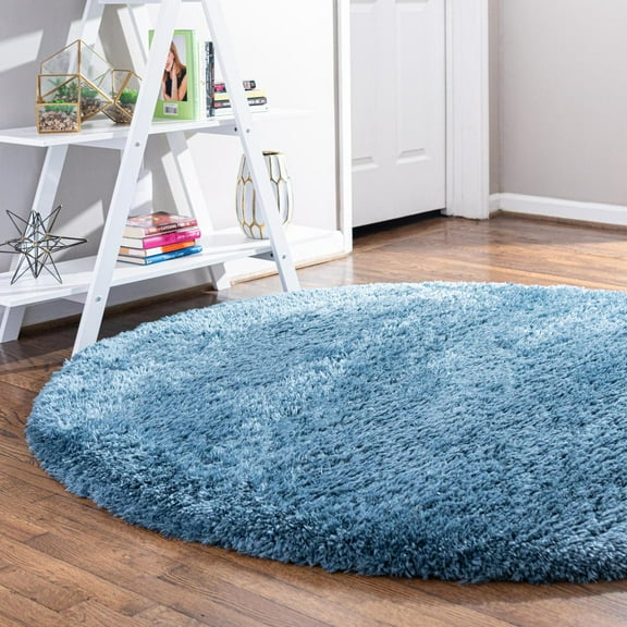 Infinity Collection Solid Shag Round Rug by Rugs.com – Blue 6' Round High-Pile Plush Shag Rug Perfect for Dining Rooms, Breakfast Nooks, Kitchens and More