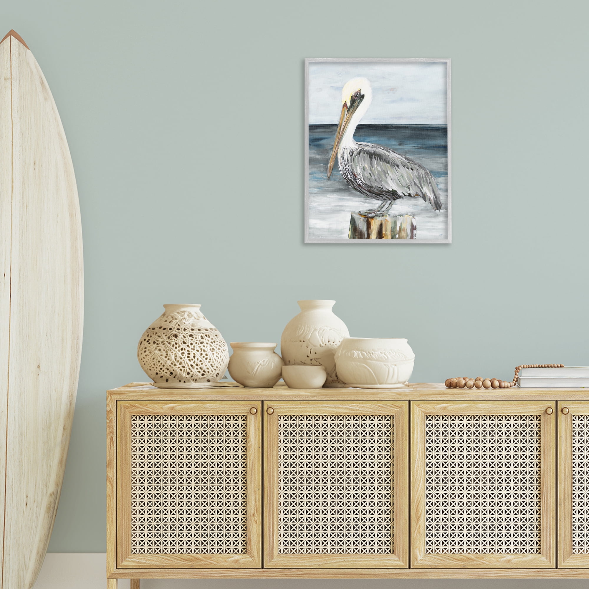 Stupell Industries Peaceful Beach Pelican Animals & Insects Painting Gray Framed Art Print Wall Art, 24 x 30