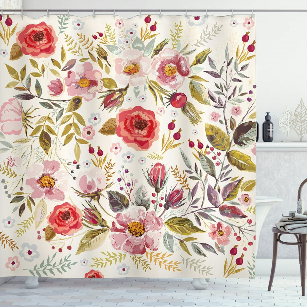 Floral Shower Curtain, Hand Drawn Watercolor Style Flowers Roses Blooms