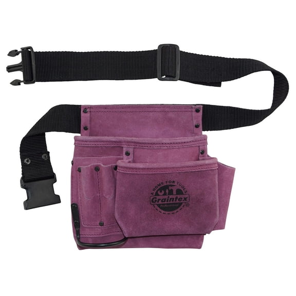 Graintex SS2293 5 Pocket Nail & Tool Pouch Purple Color Suede Leather with 2” Webbing Belt for Constructors, Electricians, Plumbers, Handymen
