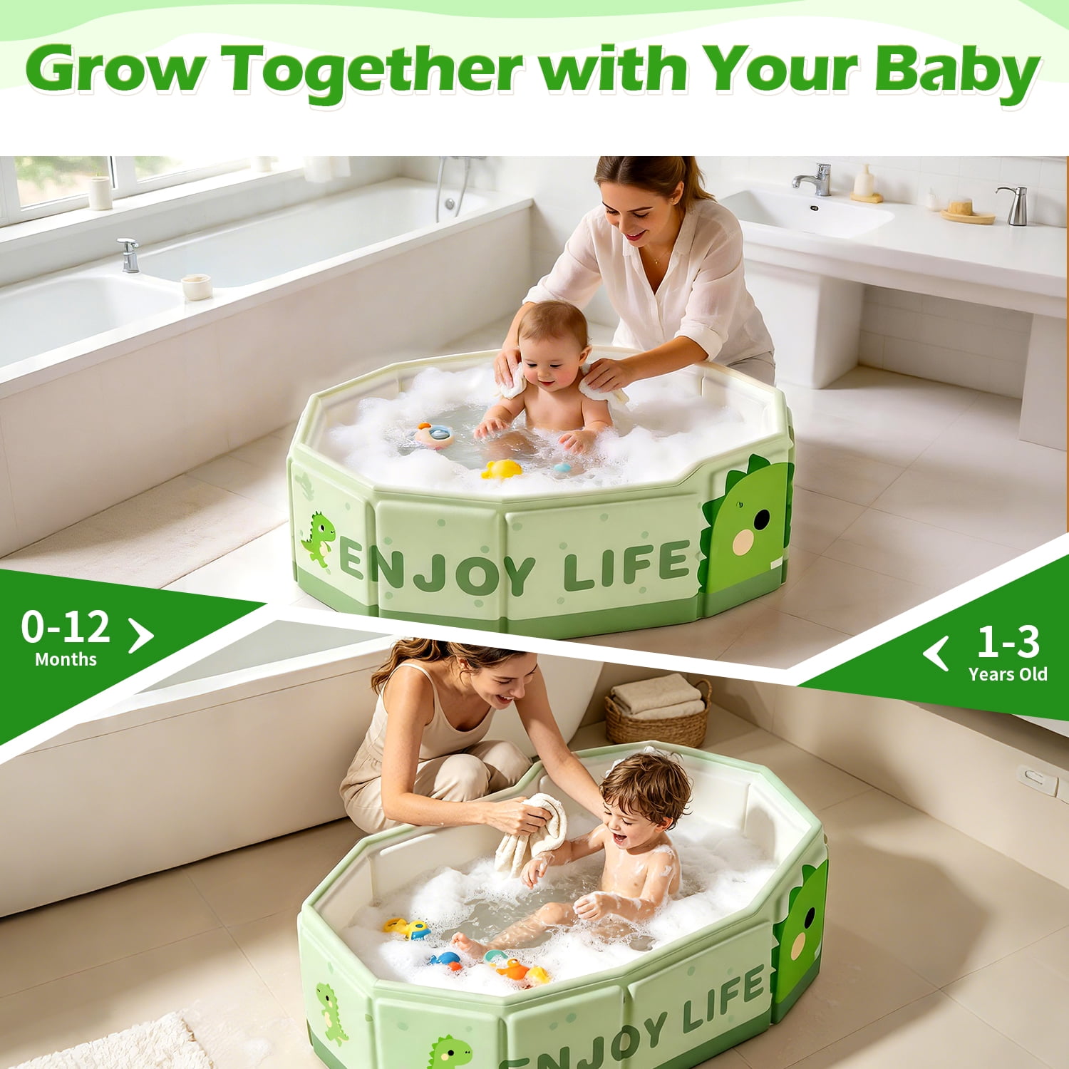 Wonderstone Portable Foldable Bathtub, Collapsible Baby Shower Tub with Drainage Design, Beach Vacation Travel Essentials for 1-3 Kids Toddler (Green)