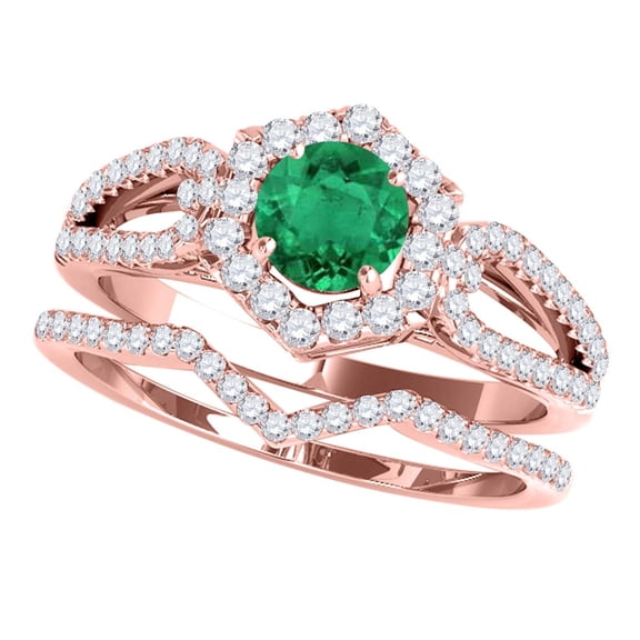 Mauli Jewels 1.50 Carat Halo Emerald & White Diamond Bridal Set Ring for Women in 14K Rose Gold, Prong Set Engagement Ring, Wedding Ring, Anniversary Ring