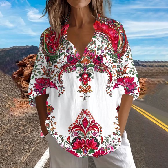 Ovbmpzd Chemise Femme Bohème à Manches Longues Rouge en Lin Blouse Grande Taille à Col Printemps Chic Décontracté Hauts pour Femmes m