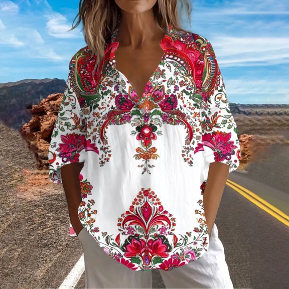 Qulqfy Women Linen Shirts Plus Size Red Long Sleeve Boho Blouse Collared Dressy Casual Spring Tops for Women L