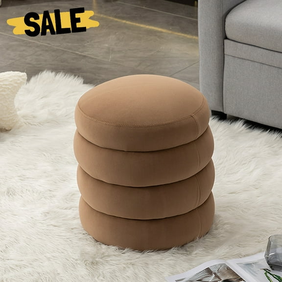 GZXS Velvet Upholstered Round Ottoman Footstool, 17" Tall Padded Accent Stool, Modern Footrest for Living Room, Sofa, Entryway (Coffee)