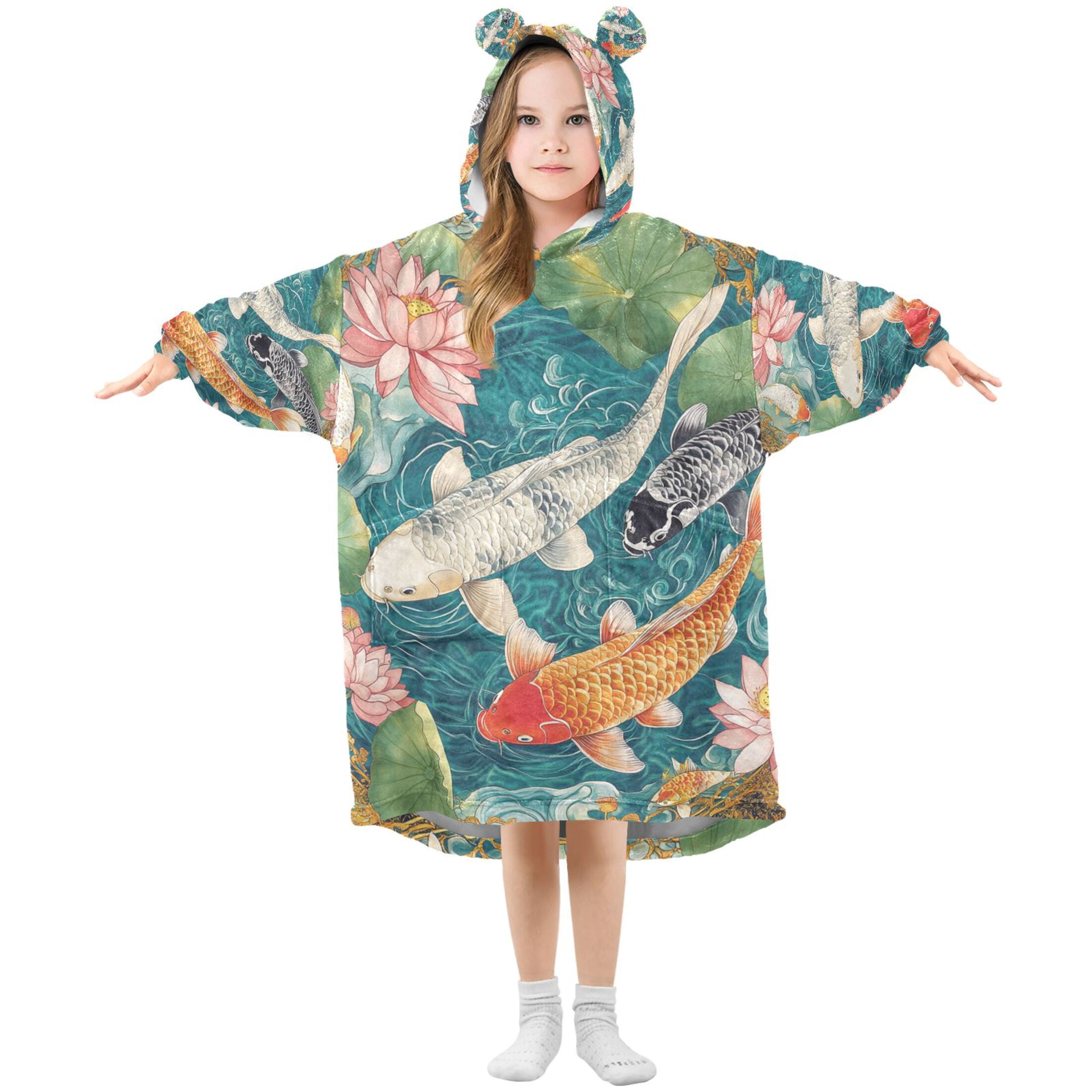 YAZAOO Kids Wearable Blanket Hoodie Warm and Cozy Koi Harmony Flannel Sweatshirt