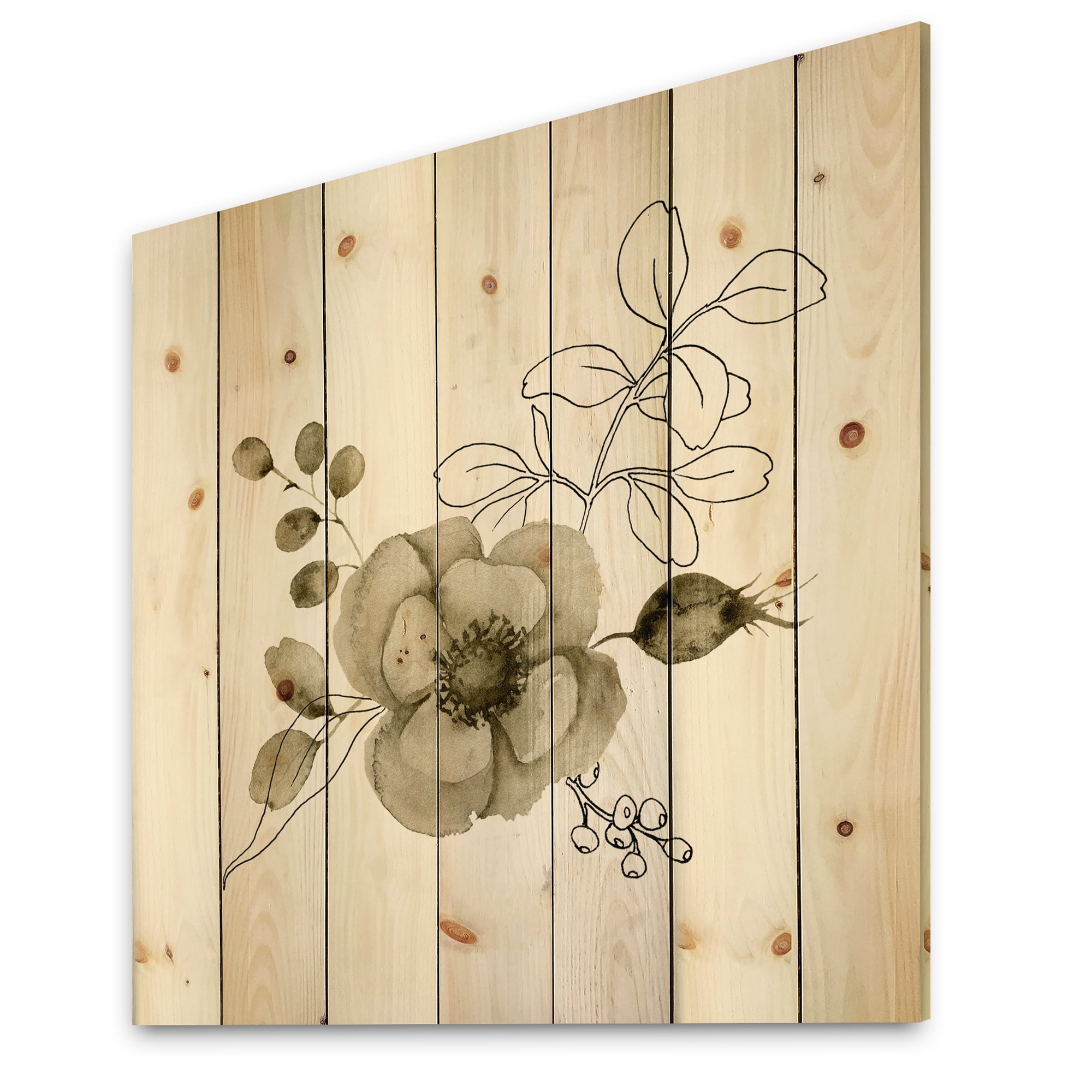 Designart 'Eucalyptus Branches With Anemone Bouquet Flower II' Traditional Print on Natural Pine Wood