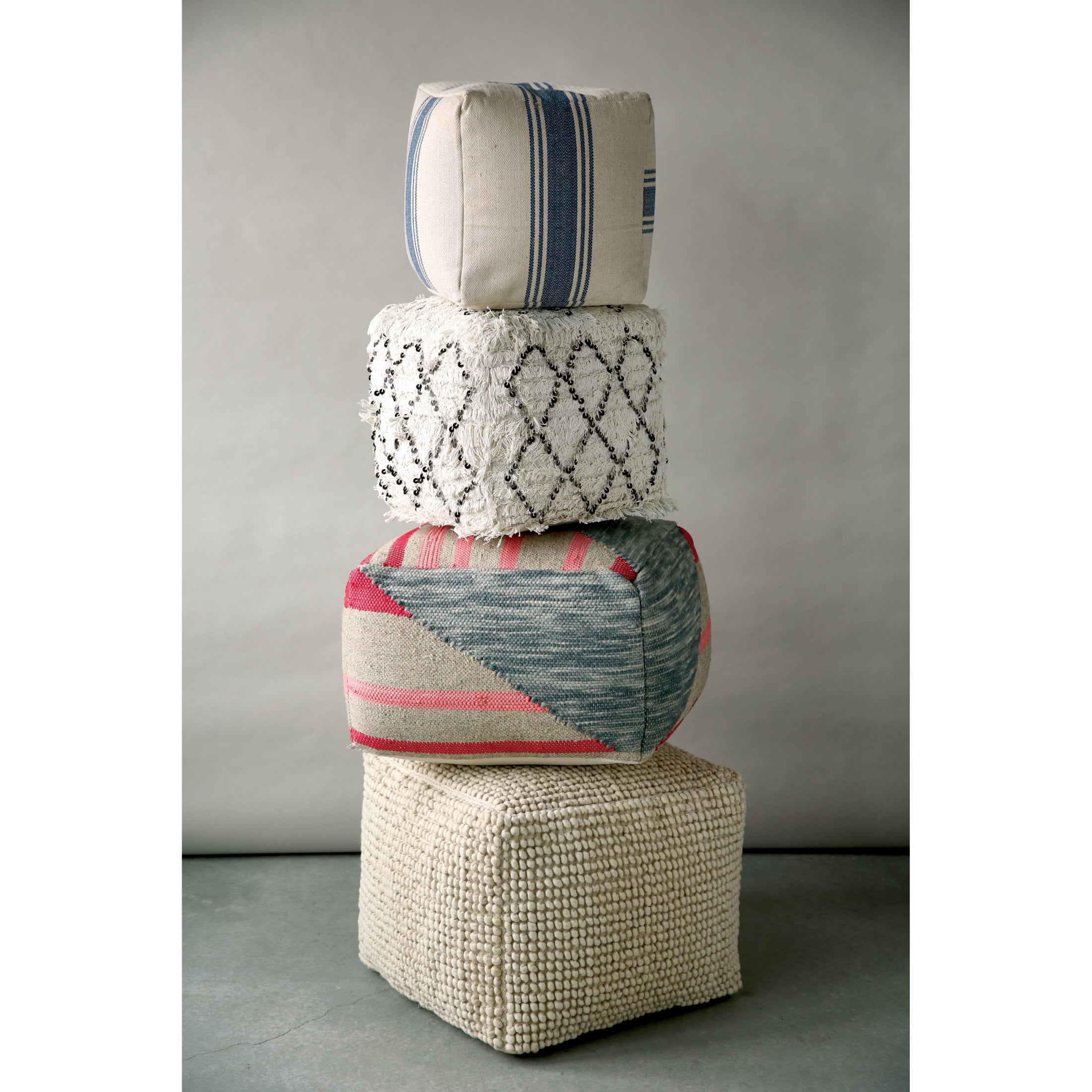 Creative Co-Op Elegant Moroccan Wedding Quilt Pouf with Sparkling Sequins, White