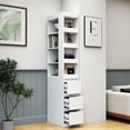 thumbnail image 2 of Tcbosik Narrow Bookcase with Open Shelves, 70.8" Tall Book Shelf with 3 Storage Drawers, Modern Slim Cabinet for Living Room, Dining Room, White, 2 of 8