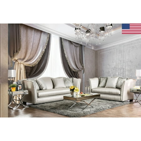 Diwan Set Furniture In Usa Formal Look Luxurious Sofa And Love-seat w/Pillows 2pc Set Silver Silky Fabric Nailhead Trim Living Room Furniture Couch USA ()