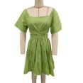 thumbnail image 1 of Vestido de mujer con mangas cortas acampanadas, dobladillo con volantes, cintura cruzada, espalda hueca, vestido de verano fruncido, verde claro L, 1 of 3