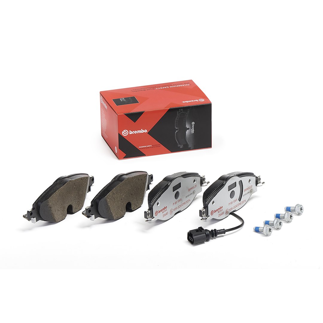 Brembo P85126X; Brake Pad; XTRALINE; FMSI Number D1760-8989; Low-Metallic; Set Of 4; With Pad Wear Sensor And Mounting Hardware