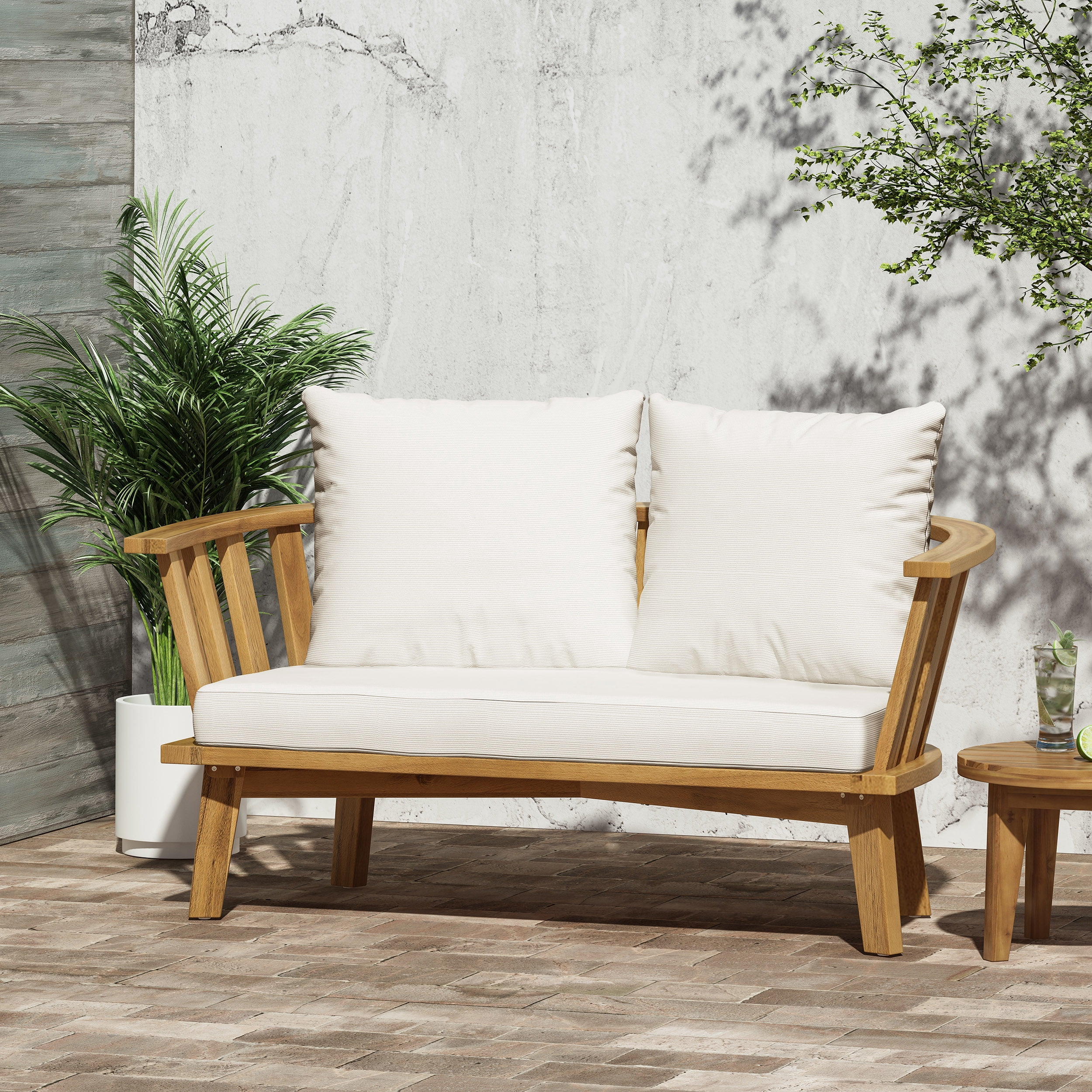 Outdoor Acacia Wood Loveseat with Water-Resistant Cushions and Slatted Back, 55.5-Inch Patio Seating for Garden, Teak and White