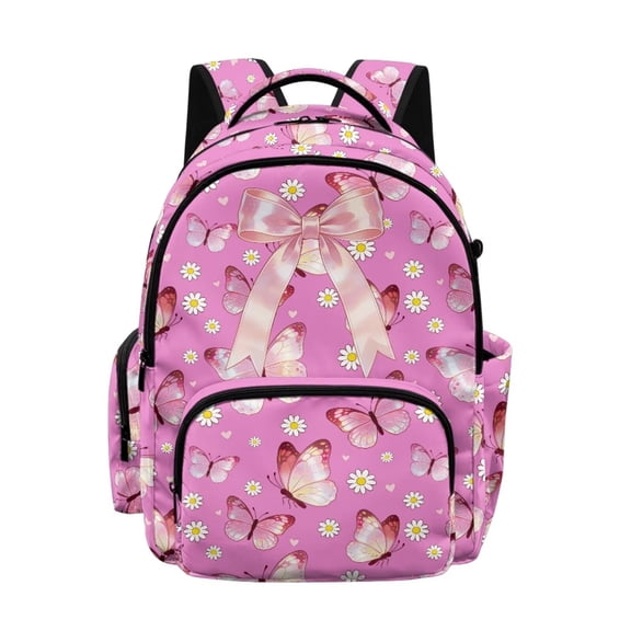 FKELYI Pink Butterfly Flower Bow Print Kids Backpack for Girls 17 Inch School Backpacks Spacious Bookbag with Multi-Pockets Casual Daypack for Elementary Student