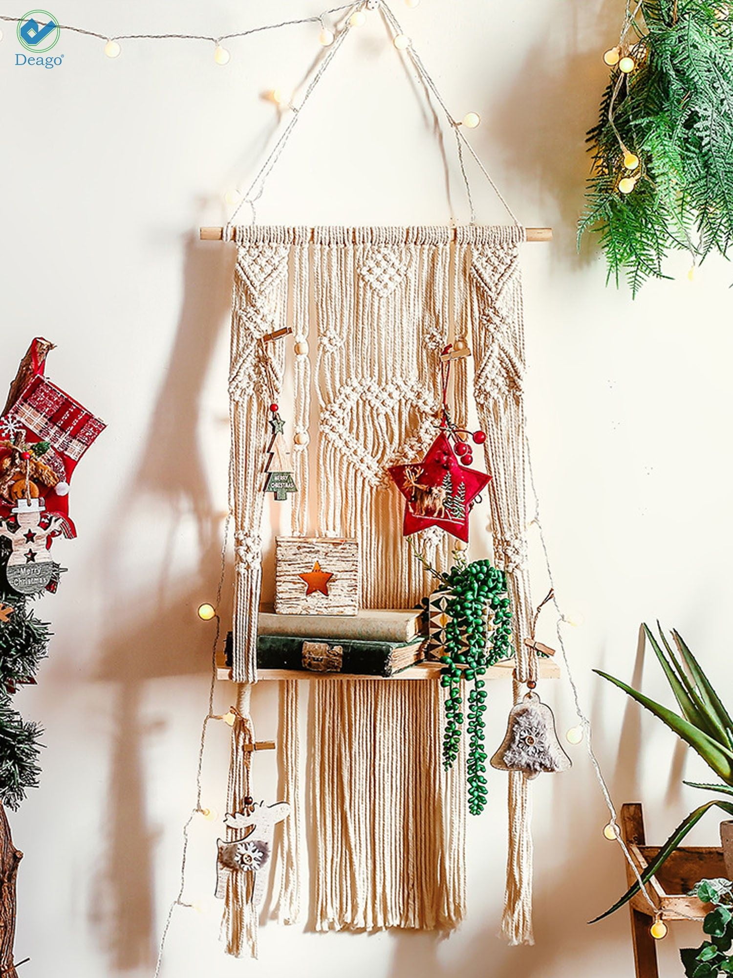 Deago Macrame Wall Hanging Shelf with String Lights, Wood Hanging Shelf