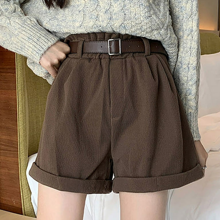 Yinguo Women's Casual Wide Leg High Waist Hem Corduroy Shorts with Pockets  Coffee XL 
