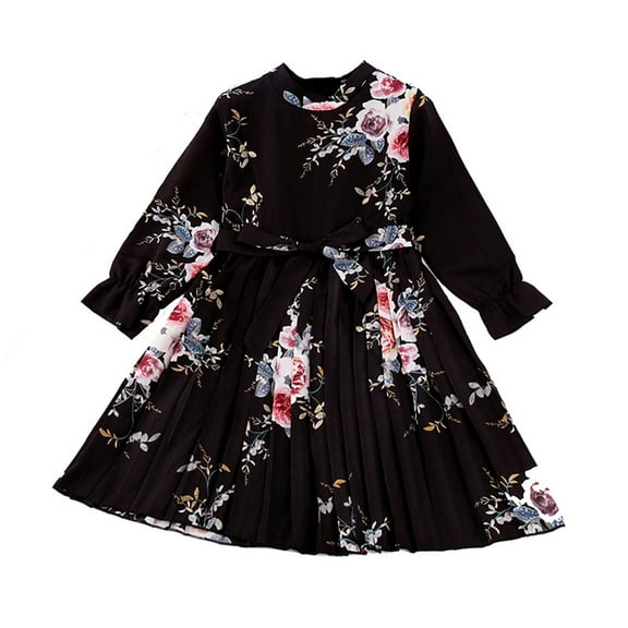 Dress Gift for Girls Toddler Girl Dress Floral Pleated 3/4 Long Sleeve Cotton Casual Princess Christmas Outfit Dress for 2-7 Years Girls Save Big