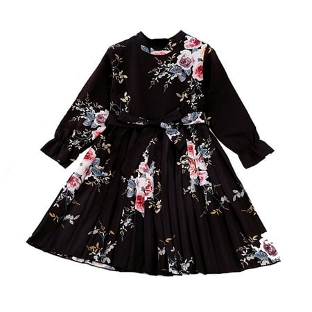 

Honeeladyy Winter Toddler Kids Baby Girls Mandarin Sleeve Floral Print Pleated Dress Princess B Sales