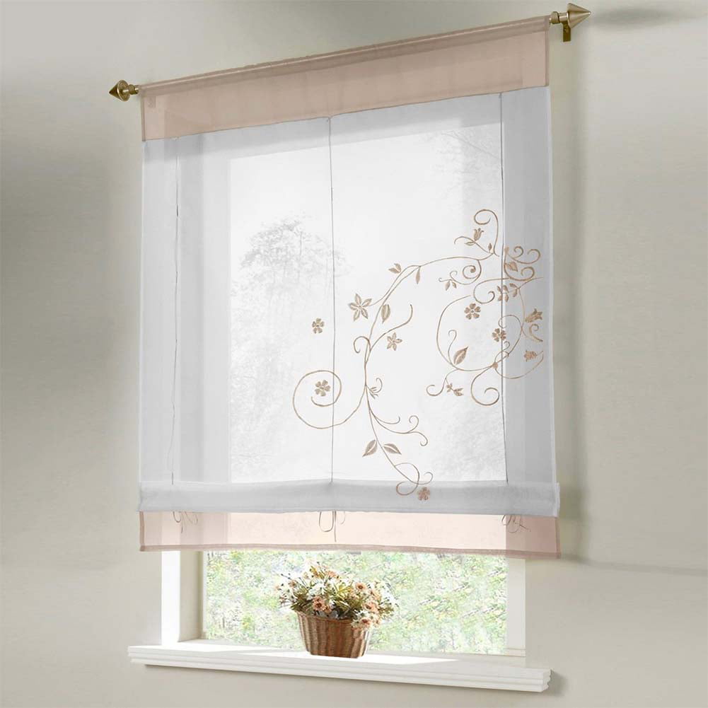 Roman Blind Window Curtain Liftable Transparent Decorative Embroideried Sheer 