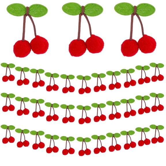 36Pcs Cherry Garland Decor Cherry Birthday Garland Bulk Red Pompoms Felt Banner Hanging Wall Cute Food Fruits Decoration