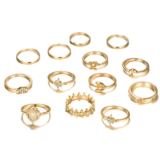 Juego de 13 anillos para mujer, anillos para nudillos, anillos bohemios dorados para niñas, anillos de cristal con gemas vintage, conjuntos de anillos con nudo para adolescentes, fiesta diaria, regal