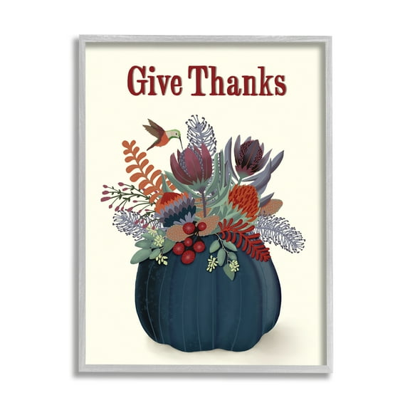Stupell Industries Give Thanks Blue Autumn Harvest Pumpkin Tropical Florals, 16 x 20, Designed by Darlene Seale