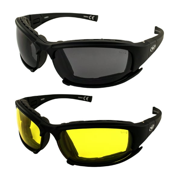 Global Vision Assault Motorcycle Sunglasses Safety Glasses ANSI Z87.1 Convertible to Goggles 2 Pairs Black Frame w/ Smoke & Yellow Lenses