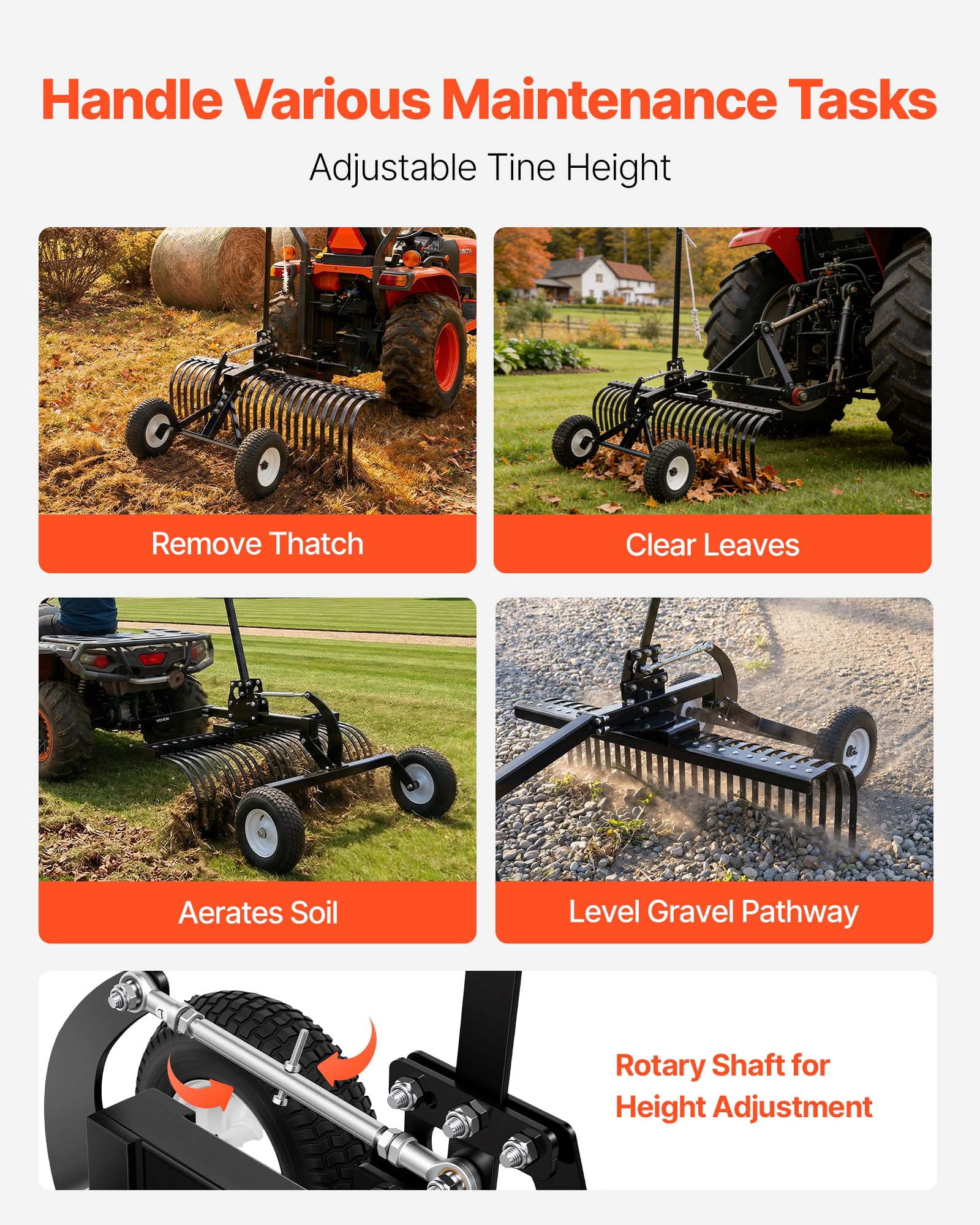 VEVOR 48in Landscape Rake, Pull Behind Lawn Rock Rakes for ATV Mower Tractors, 24 Durable Steel Tines, Adjustable Height & Angle, Heavy Duty Dethatcher Rake for Leaves Debris