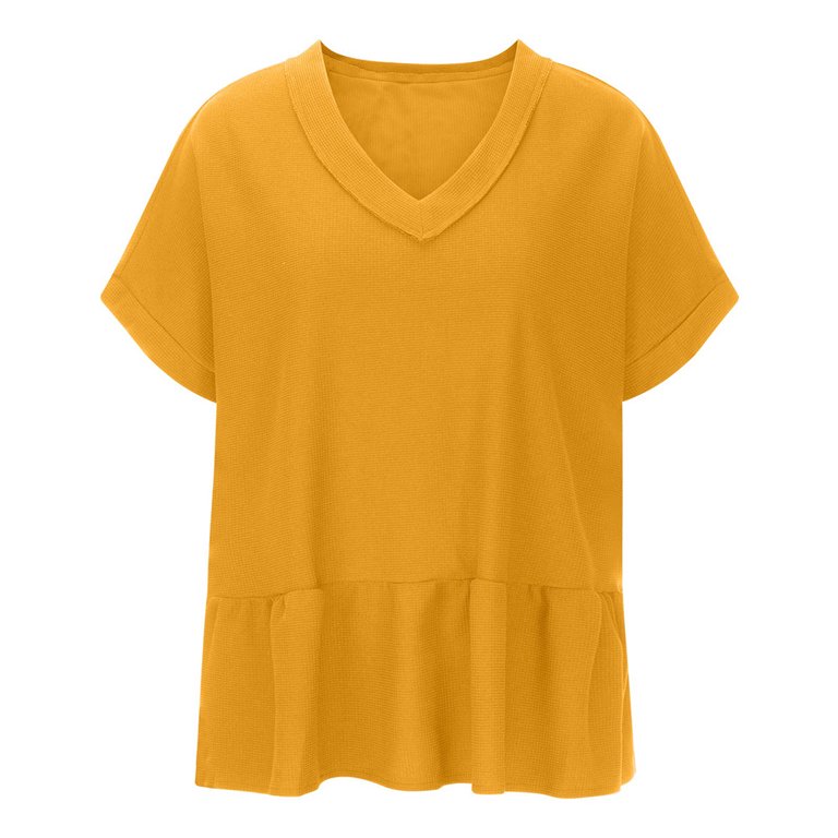 QLEICOM Womens Summer Tops Oversized T-shirts V Neck Ruffle Short Sleeve  Solid Casual Loose Tunic Tank Tops Women Shirts Blouses Yellow XS