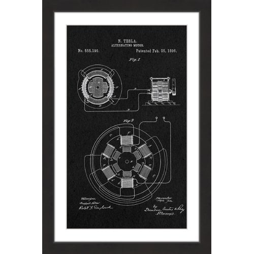 "AC Motor 1896 Black Paper" Framed Painting Print