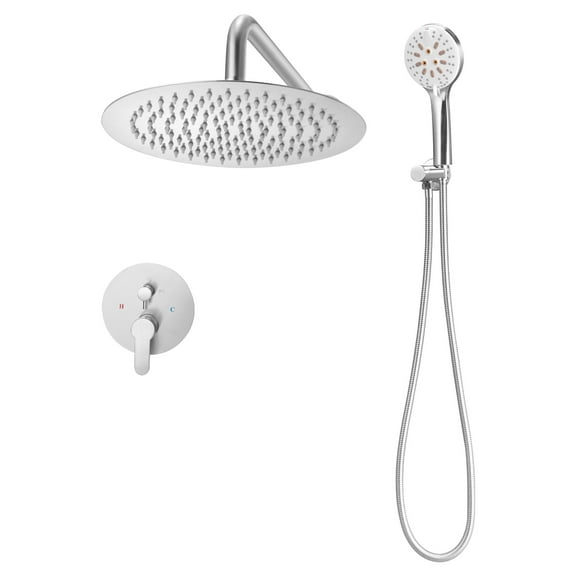 KFFKFF Shower Faucet Set with 10-Inch Round Rain Shower Head and Handheld Spray, Wall-Mounted Bathroom Fixtures with Brass Valve and Trim Kit, Brushed Nickel Finish