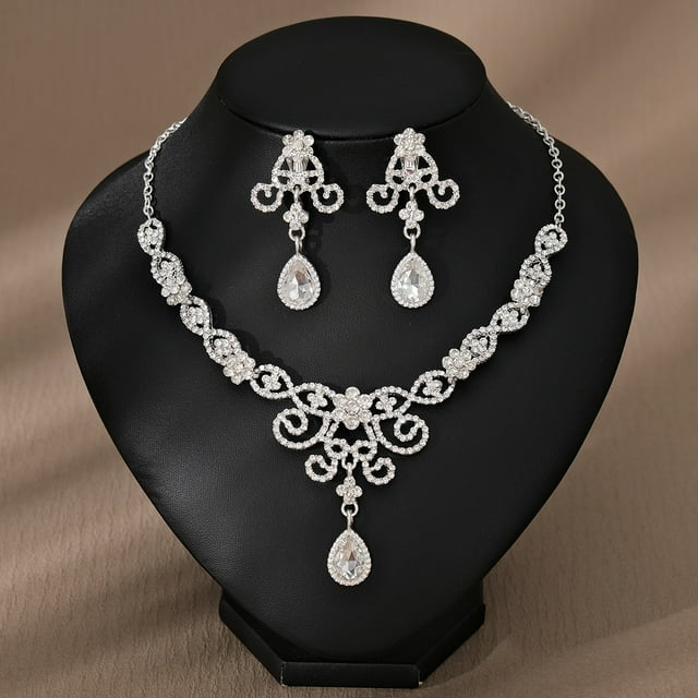 Nvzi Conjunto de joyas de diamantes de imitación con forma de lágrima para novia, collar y pendientes para boda, A10
