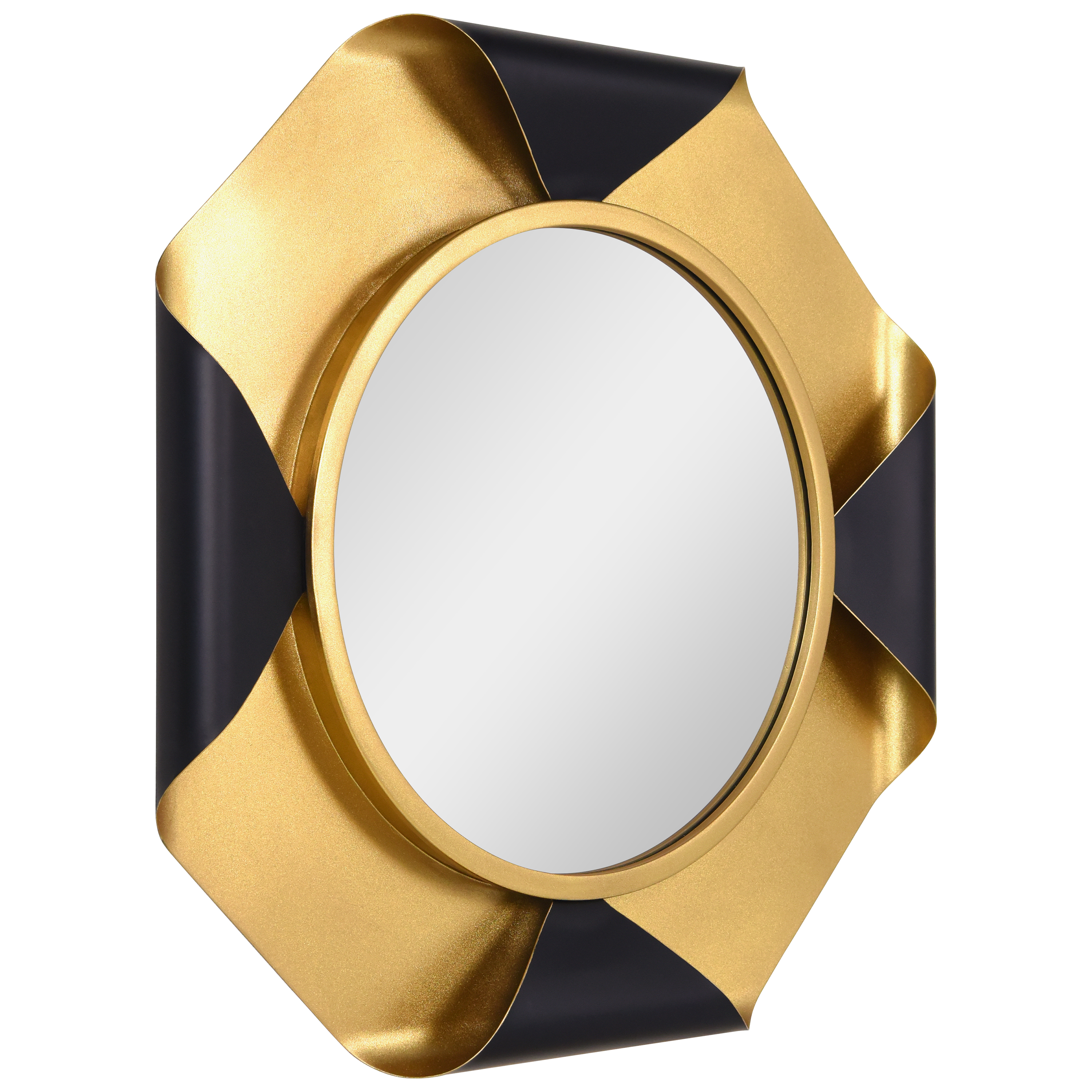 Round Wall Mirror on Gold Foiled Octagon with Curled Metal Frame