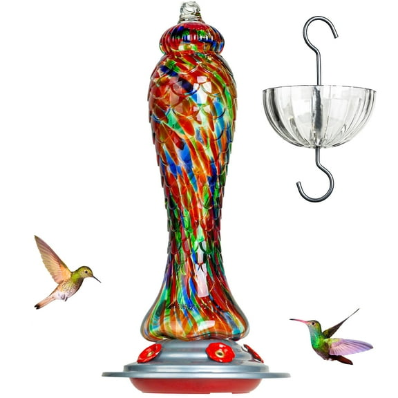 Birdkiss 28 oz Hand Blown Glass Hummingbird Feeders with Ant Moat Hook, Garden Backyard Patio Decor