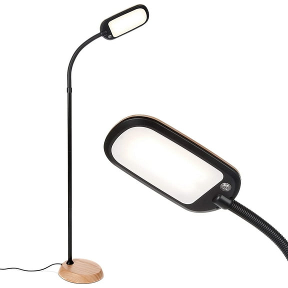 Brightech Litespan Slim LED Lamp, Modern Floor Reading Lamp Over Chair for Living Rooms & Offices, Tall Lamp with Adjustable Gooseneck, Crafts Work Light, Dimmable Standing Lamp for Bedroom - Wood