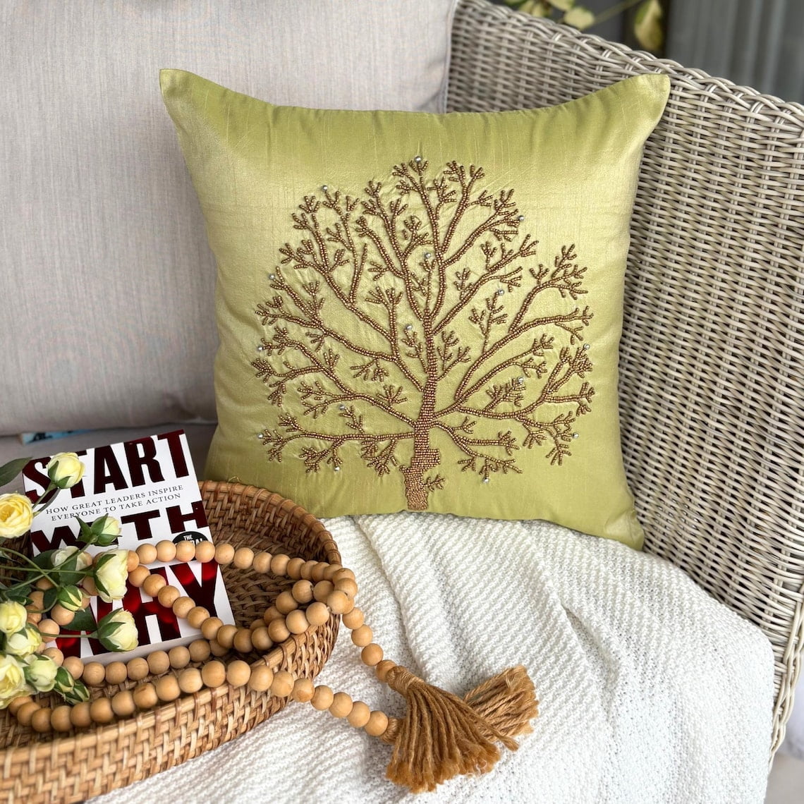 Euro Pillow, Decorative Green Euro Pillowcases 26x26 inch (65x65 cm), Silk Euro Pillow Covers, Nature & Floral, Beaded Tree, Modern Euro Sham Covers - Tree Of Life