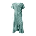 thumbnail image 4 of Dresses For Women 2025 Elegant Classy, Floral Wedding Guest Chiffon V Neck Short Sleeve Ruffle Tie Tunic Flowy Maxi Vacation Dress Leopard Maxi Womens Sundresses Romper Dresses (XXL, Green) ZMTing, 4 of 5