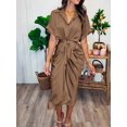 thumbnail image 3 of Dark Khaki Satin Shirt Dress With Self-Tie Ruched Waist Short Sleeve Midi, 3 of 5